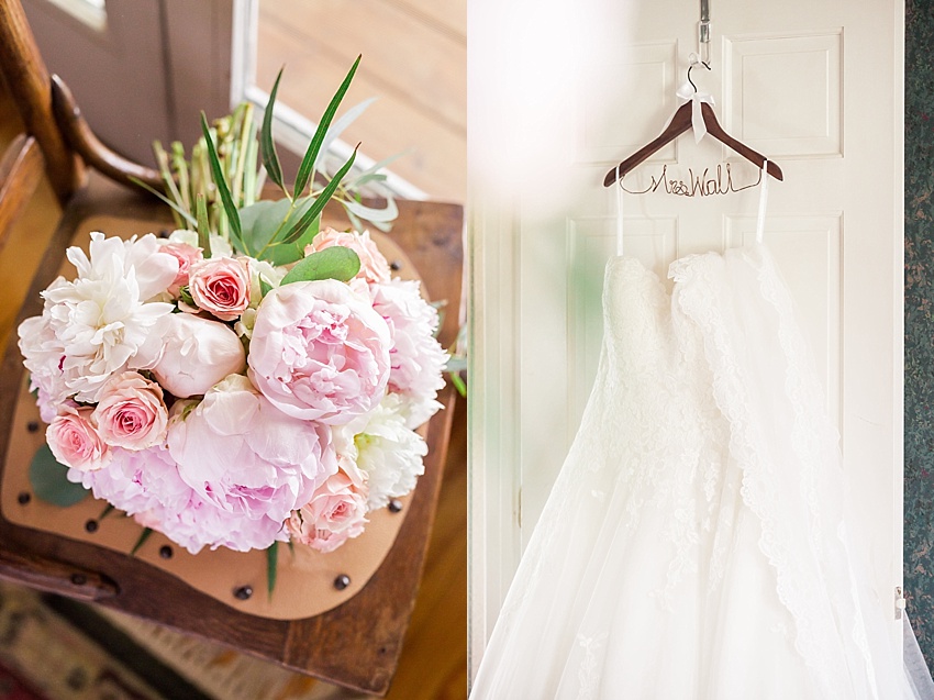 Lace Allure Bridal Gown, Blush Wedding Bouquet