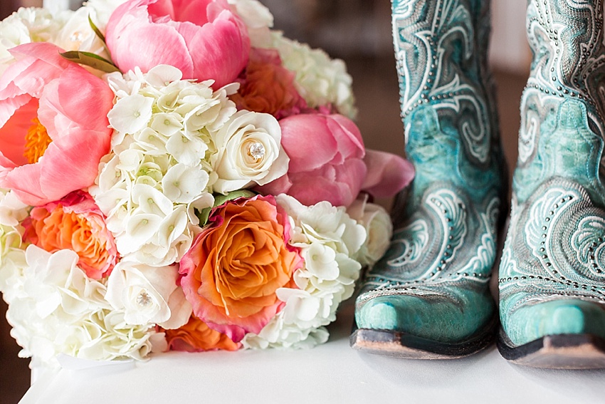 Bright Peony & Hydrangea Bridal Bouquet, Cowgirl Boots