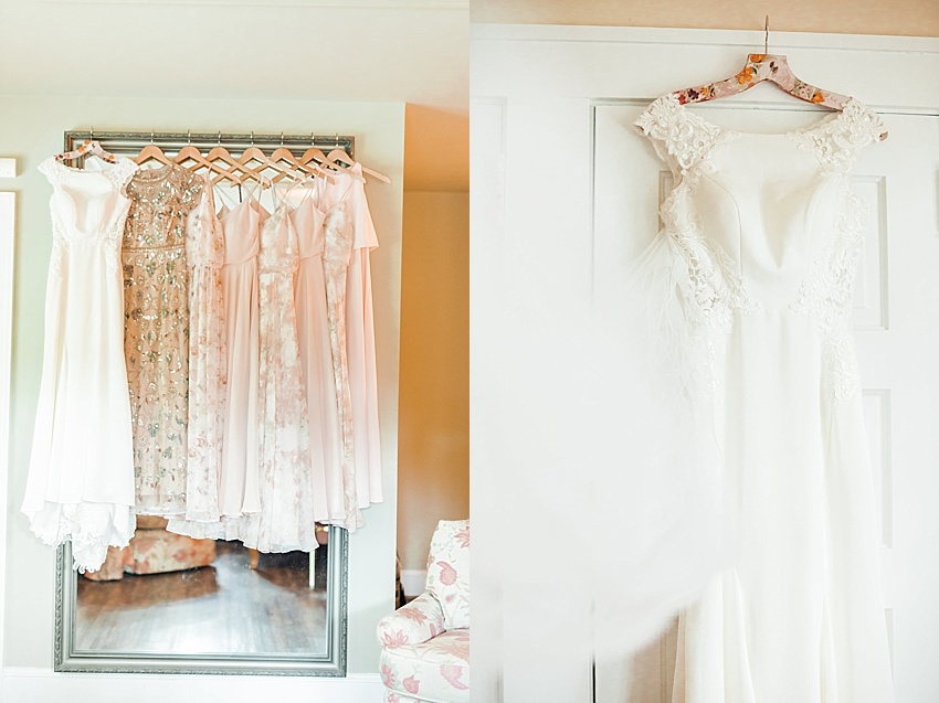bridal gown, bridesmaids, wooden wedding hangers